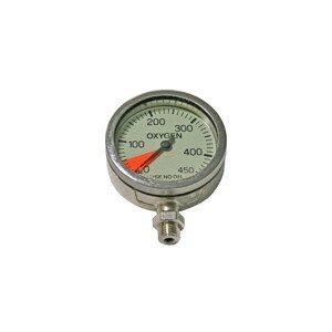 Manometr potápěčský JTLine 0-450 bar, 63 mm, O2, nerez, zadní pojistka